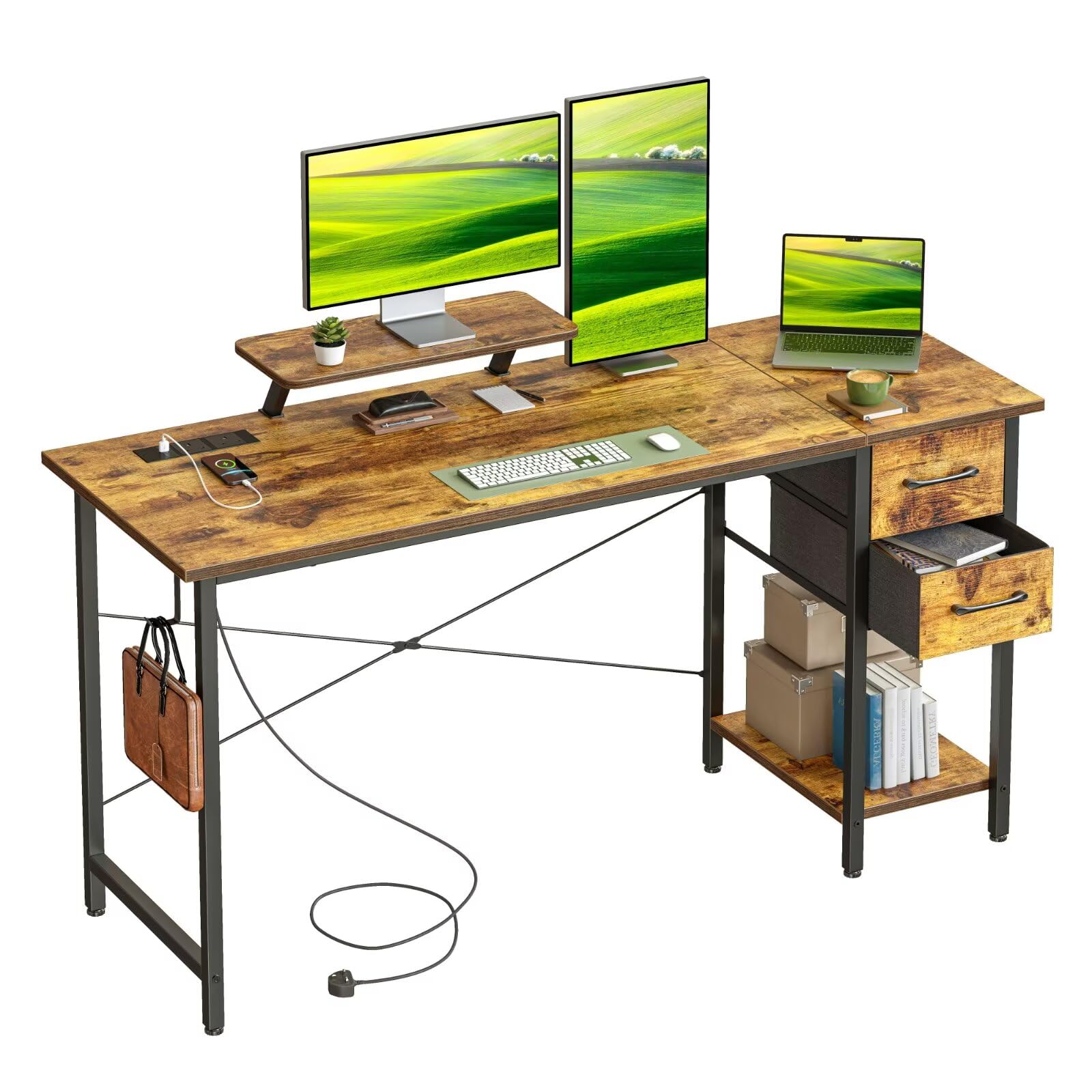 DOMSHOCT Computer Desk with Drawers & Power Outlets, 140*50cm Home Office Desk with Monitor Stand, Gaming Table with Reversible Storage Shelf & Hook, Small PC Workstation for Study Work Write, Brown