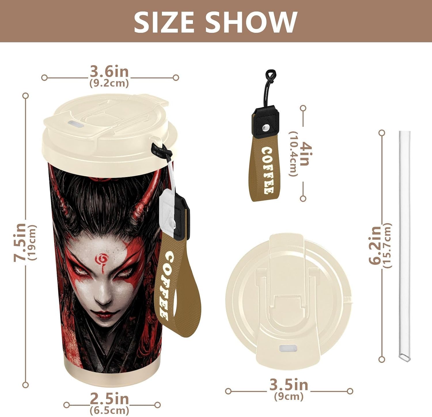 Samurai Japanese Woman Insulated Coffee Mug with Straw & Flip Lid, 16.9oz Iced Tumbler Cup, Double Wall Vacuum Mug for Travel Office