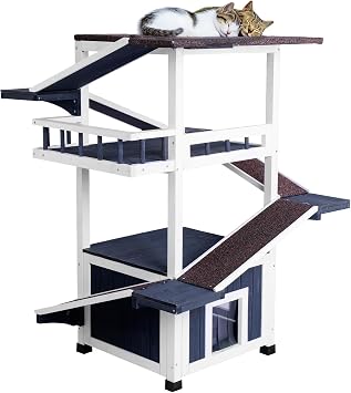 Outdoor Cat Tree, Weatherproof Cat Tower & House, 26.8"x26.8"x45.1" | 4 Tiers, Feral Cats Shelter, Waterproof Asphalt Roof, 2 Escape Doors, Wooden Condo for Multiple Cats, Multi-Level Play Zones