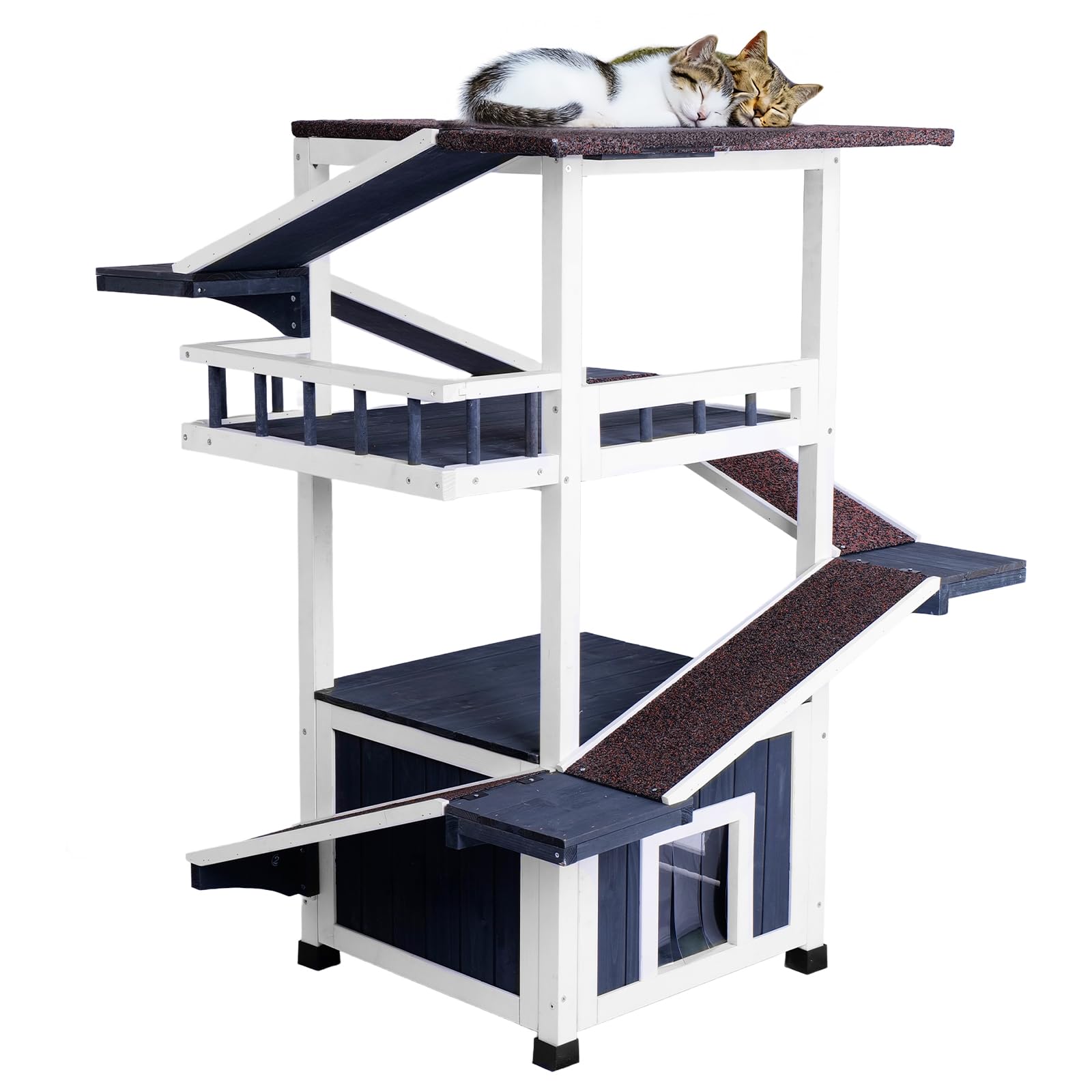 Cat Tree Outdoor Cat Shelter Weatherproof Feral Cat House Multi-Level Outside Wooden Kitten Condo with Escape Door