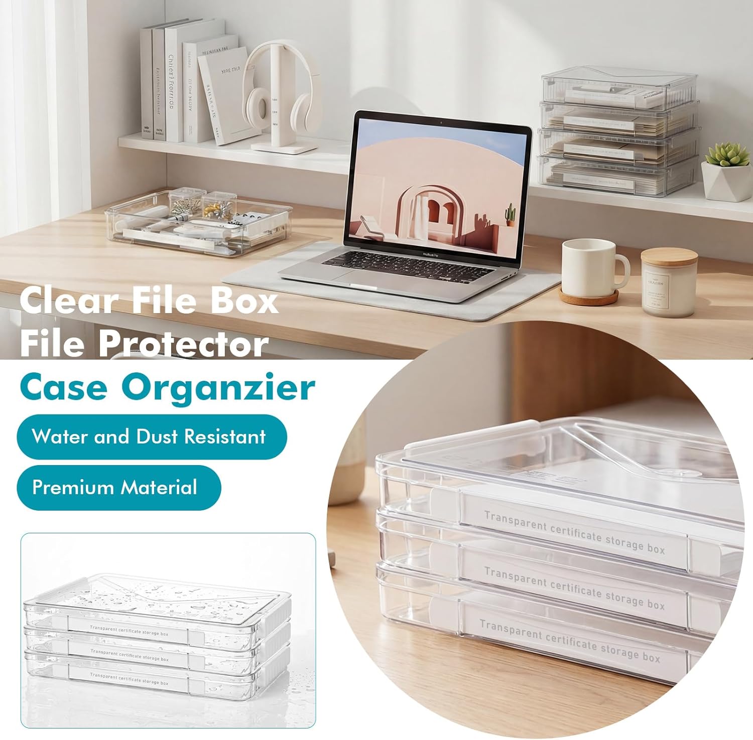 Novabright 5 Pack Clear Plastic File Boxes with Handle Portable Project Case Paper Storage Bin with Lid Transparent Stackable Container Document Magazine Protector for A4 Paper Photo Craft Scrapbook