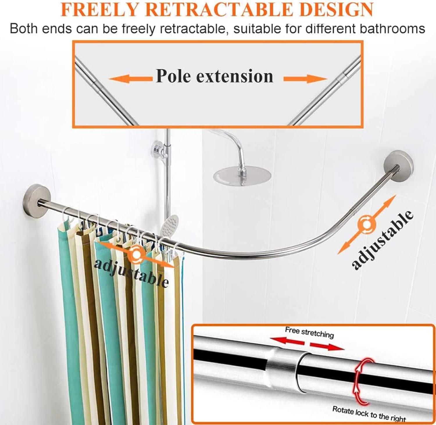 Barre de douche courbée L-SD réglable en acier inoxydable 60-80 cm x 60-80 cm Idéal pour salle de bain peu encombrant