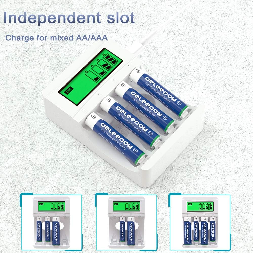 Deleepow AA NiMH Rechargeable Batteries 3300mAh (16 Pack) & AAA Ni-MH 1100mAh (8 Pcs) with LCD Smart Charger for Rechargeable AA & AAA.