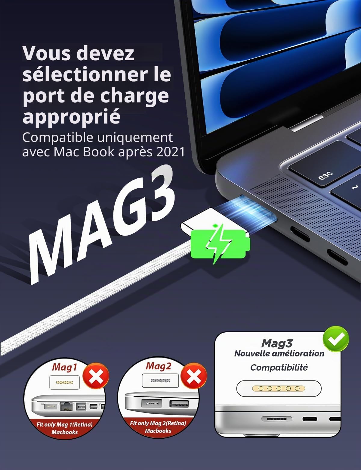96W Chargeur Magnétique, Mac Book Chargeur Rapide avec USB-C Auf T-Tip 6.6FT Câbles Adaptateur Mag3 Compatible avec MacBook Pro 14/16 Pouces MacBook Air 13/15 Pouces, Replacement (Mid 2021-2025)