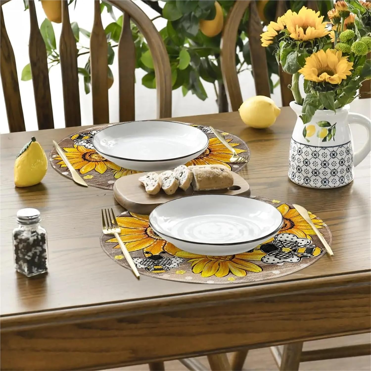 Wood Sunflower Bee Flower Polka Dot Round Summer Placemats Set of 4, 14 Inch Farmhouse Fall Round Table Mats for Dining Decor(2p)