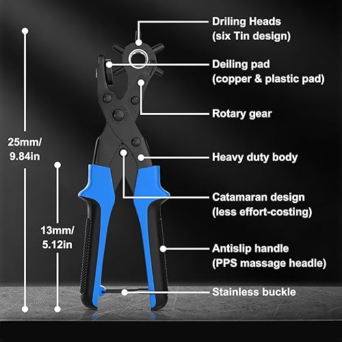 Miniatura 26 de Diyife Perforadora de cuero, perforadora para cinturón resistente, kit de alicates giratorios con aguja de molienda extra, placas de perforación
