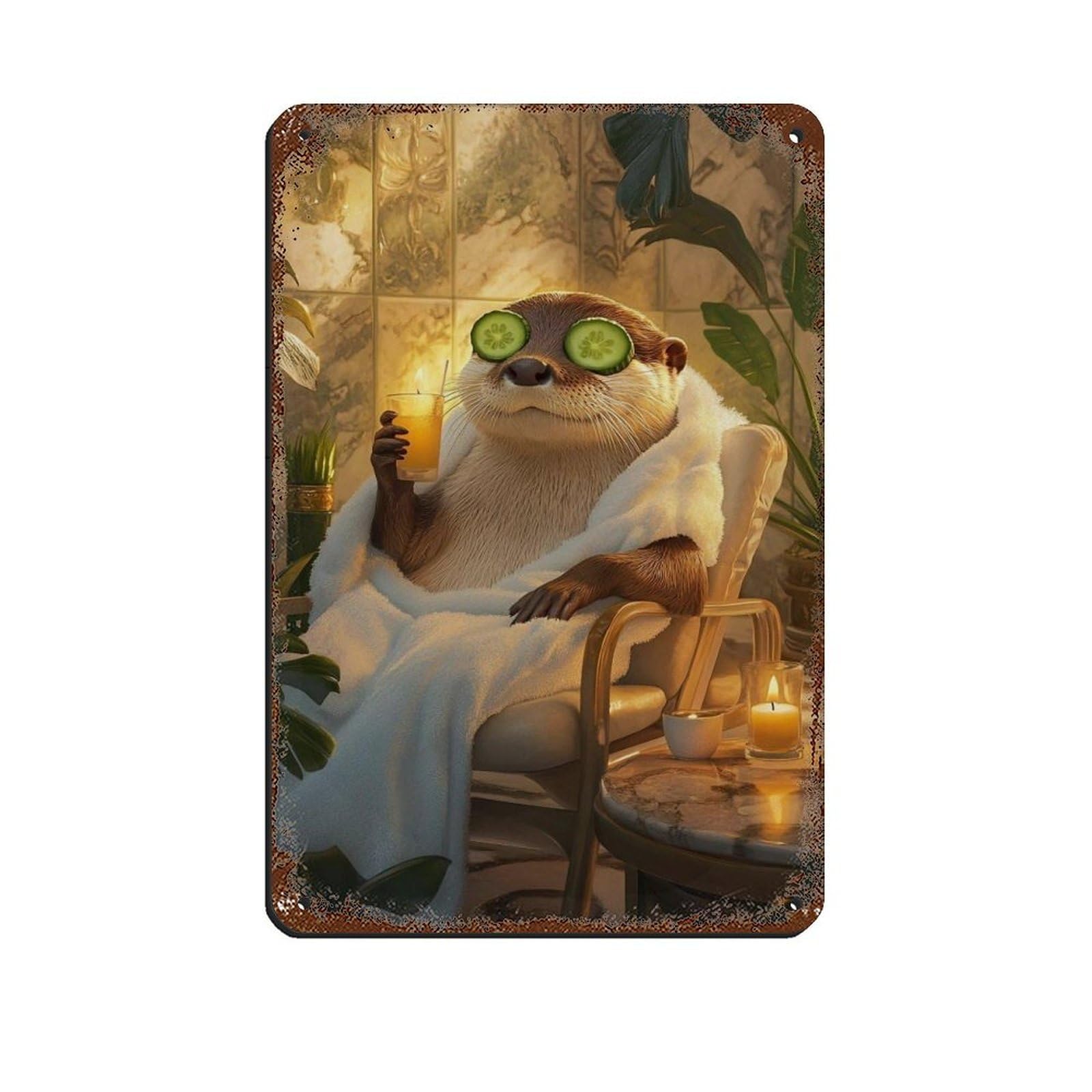 Lxwnze 20L X 30W Cm Relaxing Otter Spa, Cute Animal Relaxation Tin Sign Vintage Metal Pub Club Cafe Bar Home Wall Art Decoration Poster Retro 8X12inch(20X30cm)