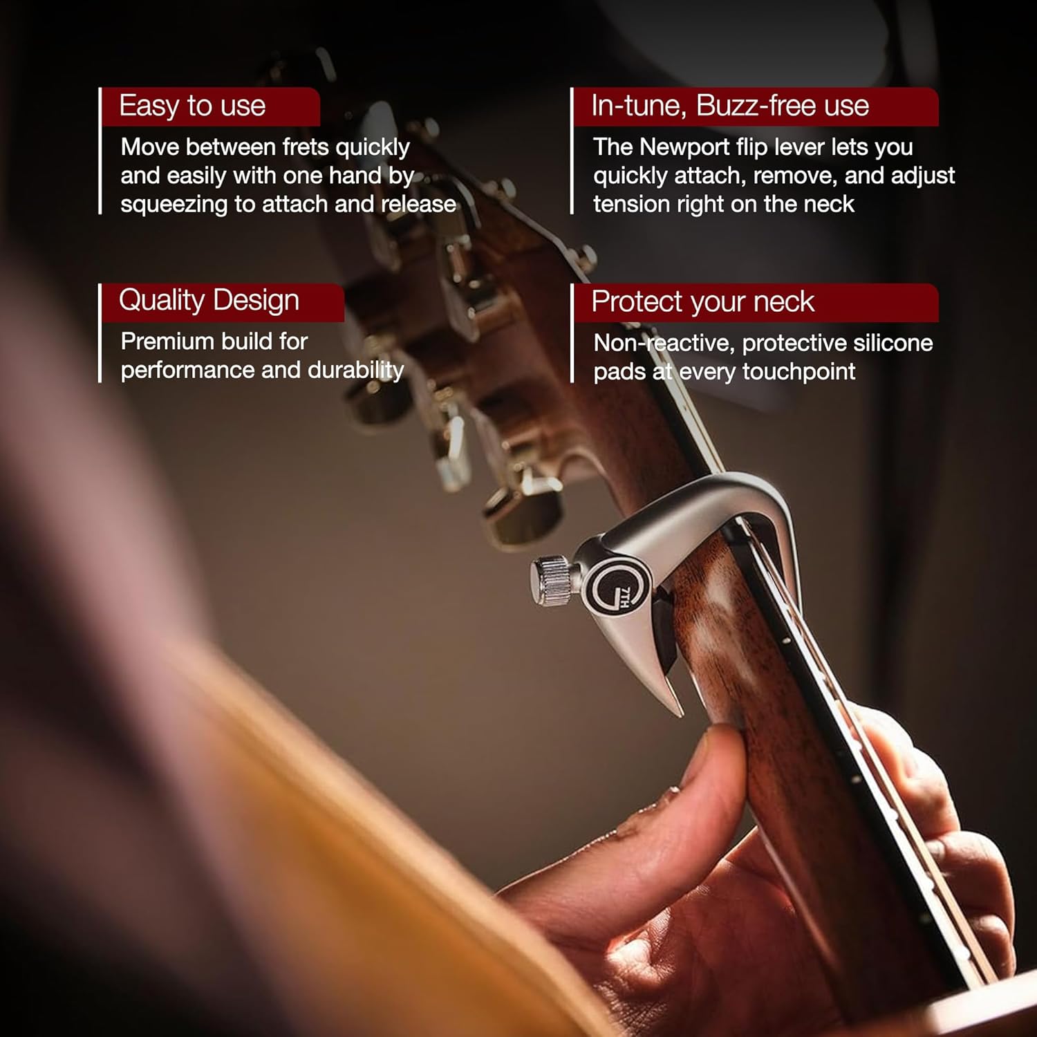 G7th Newport 6 String Silver Guitar Capo - Lightweight with Adjustable Tension Control - Protective Silicone Pads - The Perfect Capo for Acoustic Guitar and Electric Guitar - UK Designed
