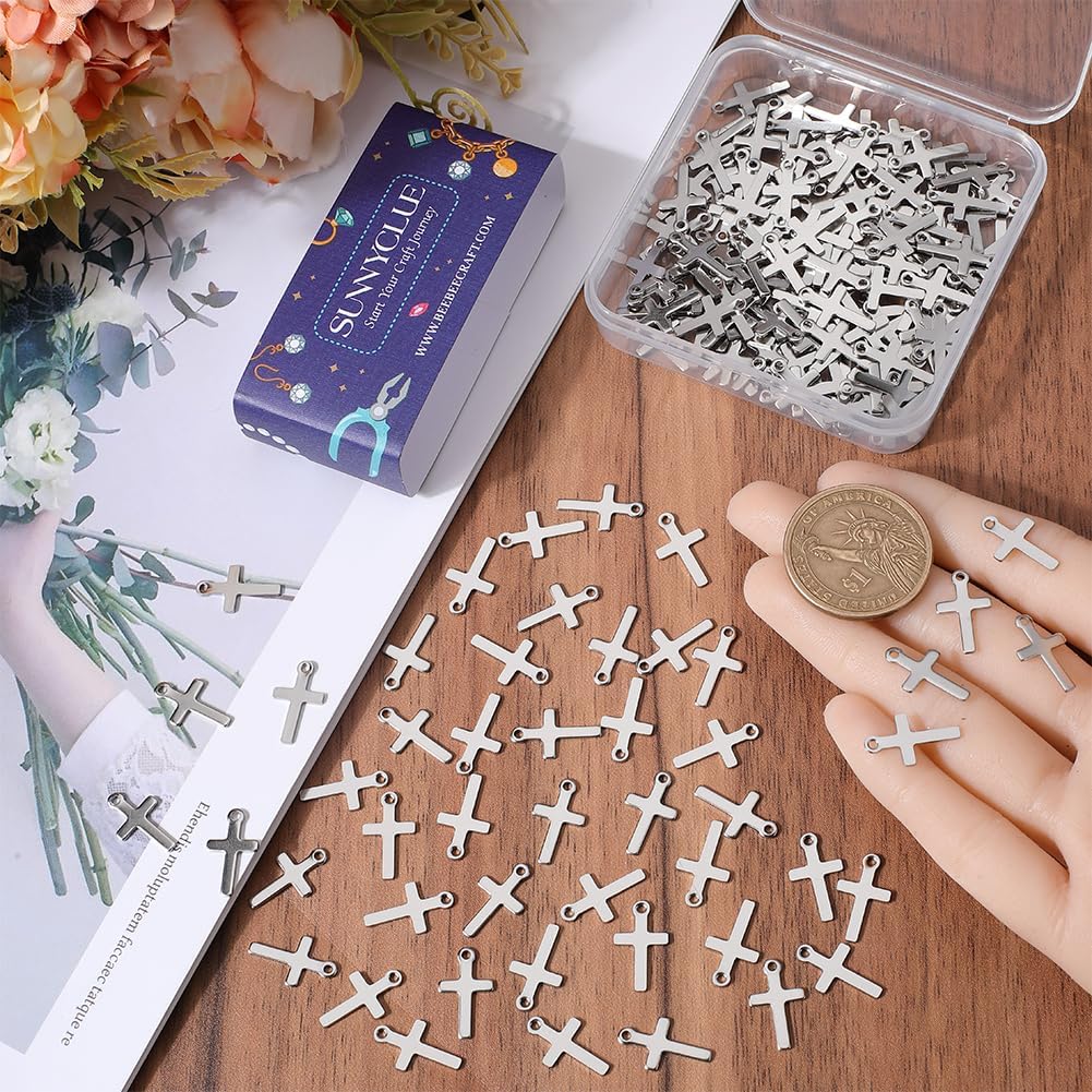 SUNNYCLUE 1 BOX 200PCS Stainless Steel Cross Charms Bulk Silver Crucifix Charms Metal Mini Tiny Shiny Crosses Lucky Easter Rosary Charms for Jewelry Making Charms Diy Earrings Bracelet Necklace Craft - Image 3