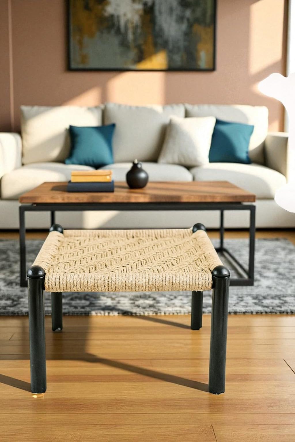 think n crafts India Handcrafted Iron Pipe Stool with Jute Weaving | Eco-Friendly Multipurpose Footrest | Rustic Woven Ottoman for Living Room, Balcony, Bedroom | Modern Minimalist Accent Furniture-image-15