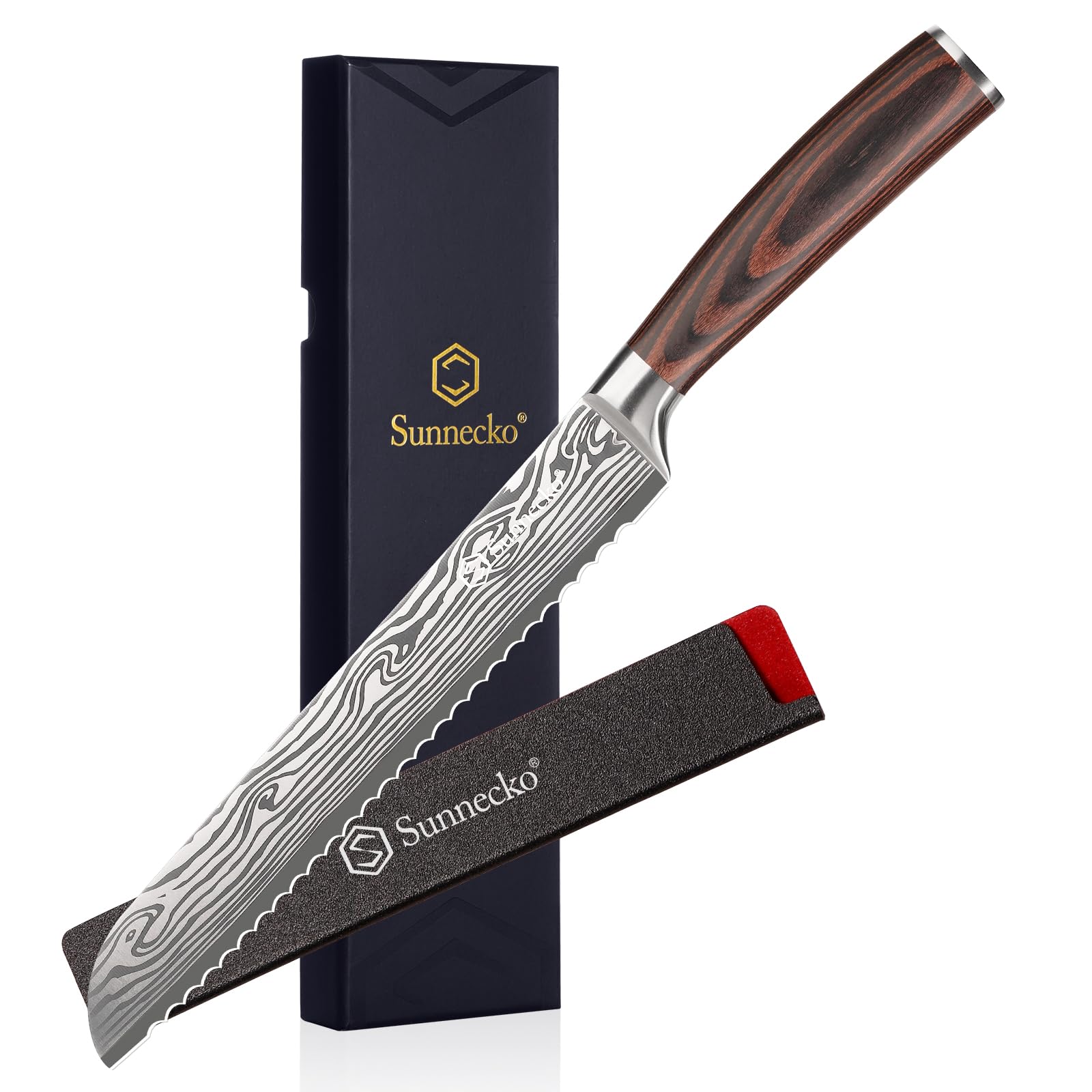 Sunnecko Serrated Bread Knife for Homemade Bread 8 Inch - High Carbon Stainless Steel Wedding Cake Knife with Wooden Handle Serrated Kitchen Knives with Sheath