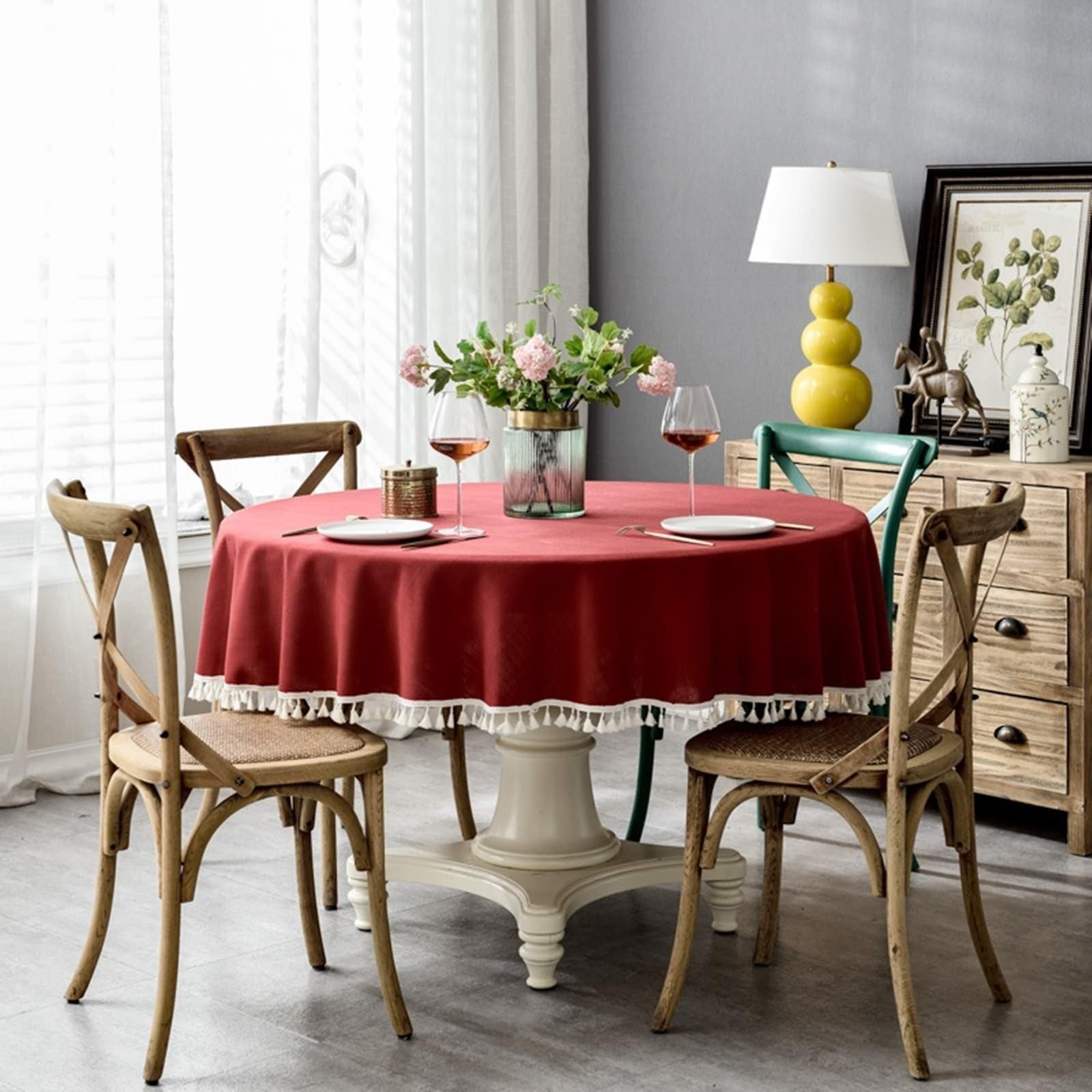 Nappe Anti Tache Ronde 260 cm, Nappe Table Basse Polyester 6-8 Personnes Rouge Uni avec Pompons