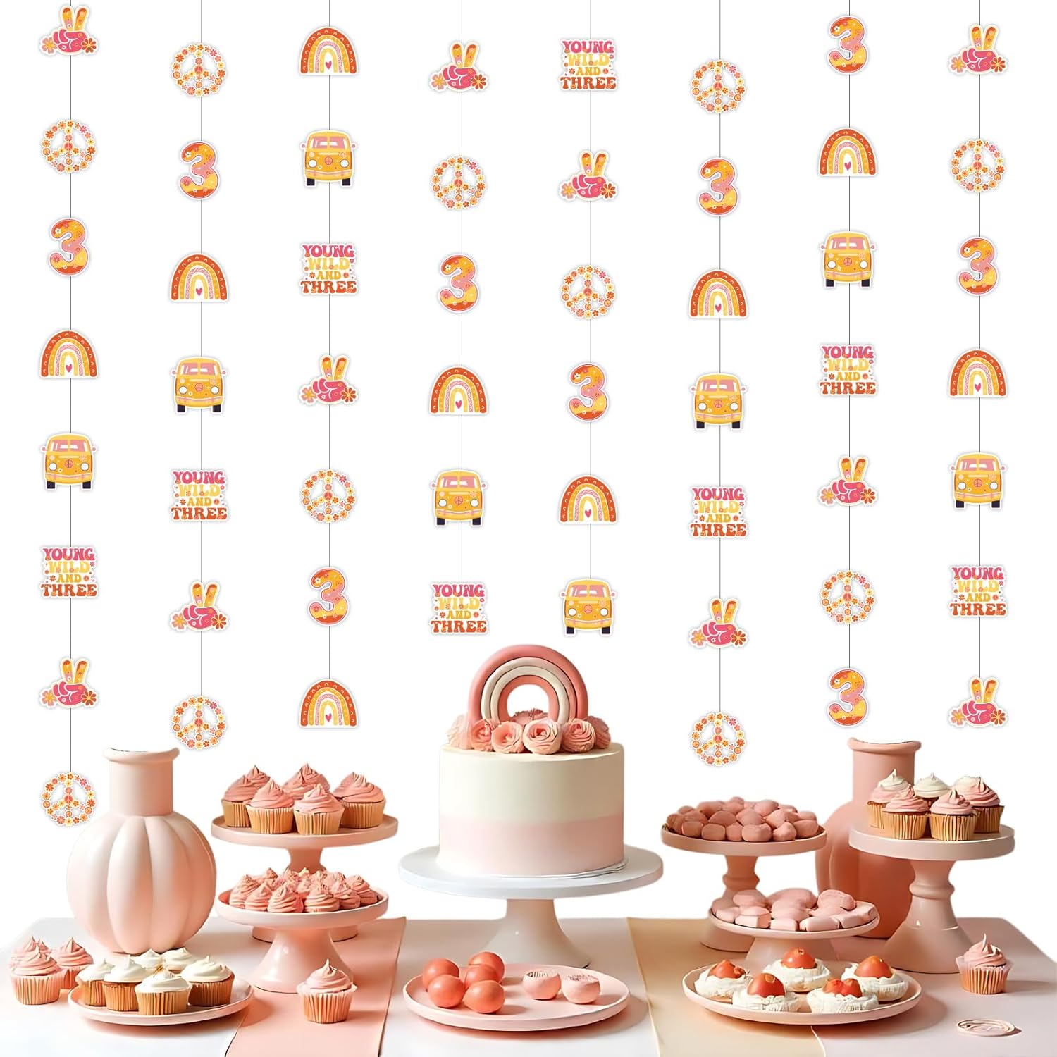 8pcs Groovy 3rd Birthday Paper Garlands, Party Hanging Streamers, Boho Young Wild and Three Decorations Girl, Daisy Flower Groovy Third Birthday Party Supplies Favors Pre-Strung