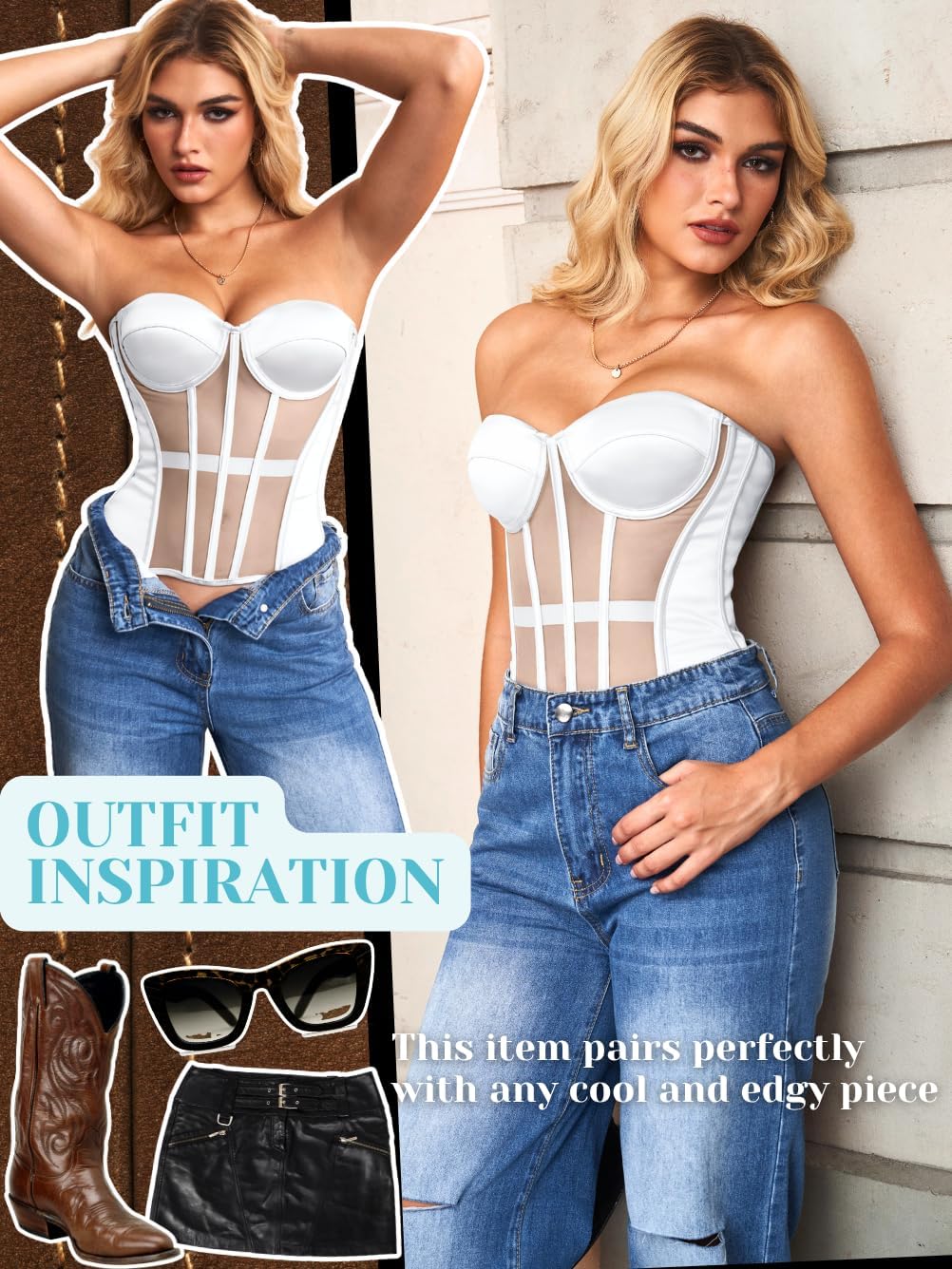 Kaei&Shi Women's Strapless Corset Top, Underwire Mesh Bustier Shapewear