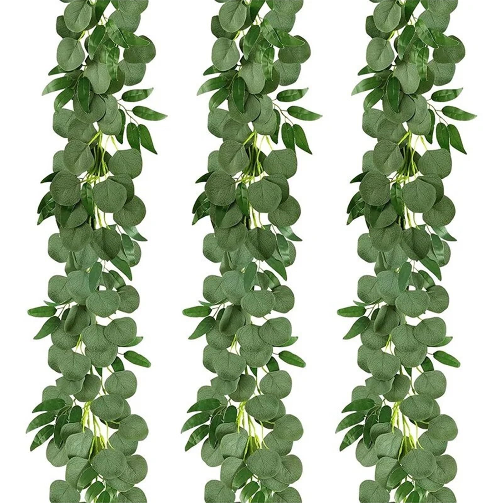 Vid Artificial con Hojas Guirnalda de eucalipto Artificial dólar Plata 1,9 Metros (3 Paquetes) con Ramas y Hojas Sauce, Guirnalda Verde