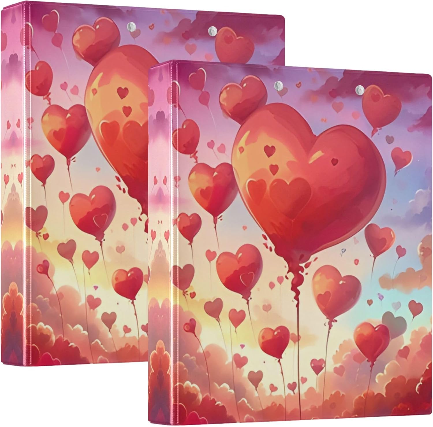 Valentine's Day Hearts 3 Ring Binders, 1.5” Round Ring Binders with Clipboard - Letter Size, 3 Interior PVC Clear Pockets & Anti-Slip Clip for Office School Supplies, 2PCS