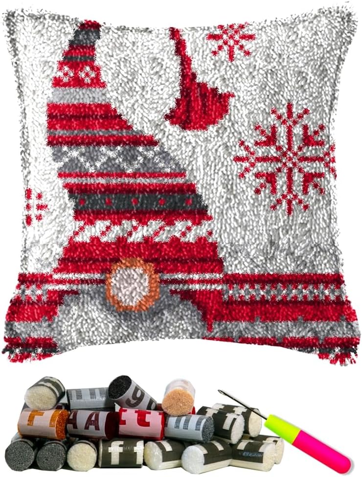 DL-YTG DIY Latch Hook Kits Throw Pillow Christmas Hat Cover Rug Pattern Color Printed Canvas16X16 inch, Crochet Needlework Crafts for Adults