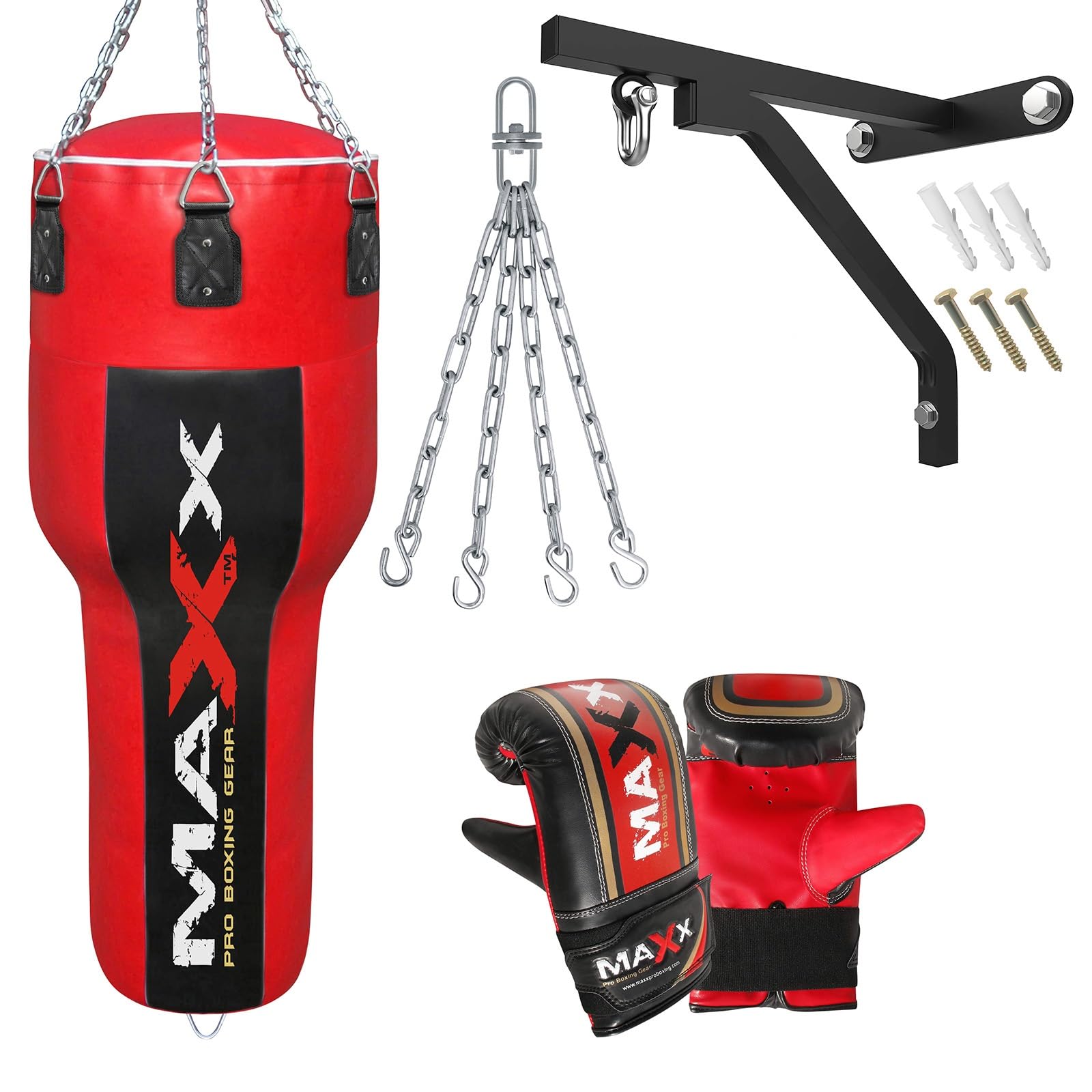 Maxx Black/Red Heavy Duty Punch Bags - Uppercut, Triple, Angle, Wrecking & More (Uppercut Bag, BAG WITH BRACKET+MITTS)