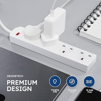 DESIRETECH White Electric Extension Lead - 4 Gang, 1 Metre Cable with UK Plug & 3 Pin Socket - Wall Mountable & Multi Socket Mains Strip for Home, Bedroom, Kitchen, Office (1 Pack)
