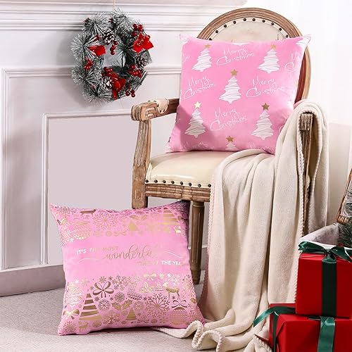 Miniatura 6 de JOJOGOGO Juego de 4 fundas de almohada de Navidad rosas y doradas de 20 x 20 pulgadas, decoración de árbol de Navidad, almohadas decorativas de 20 x