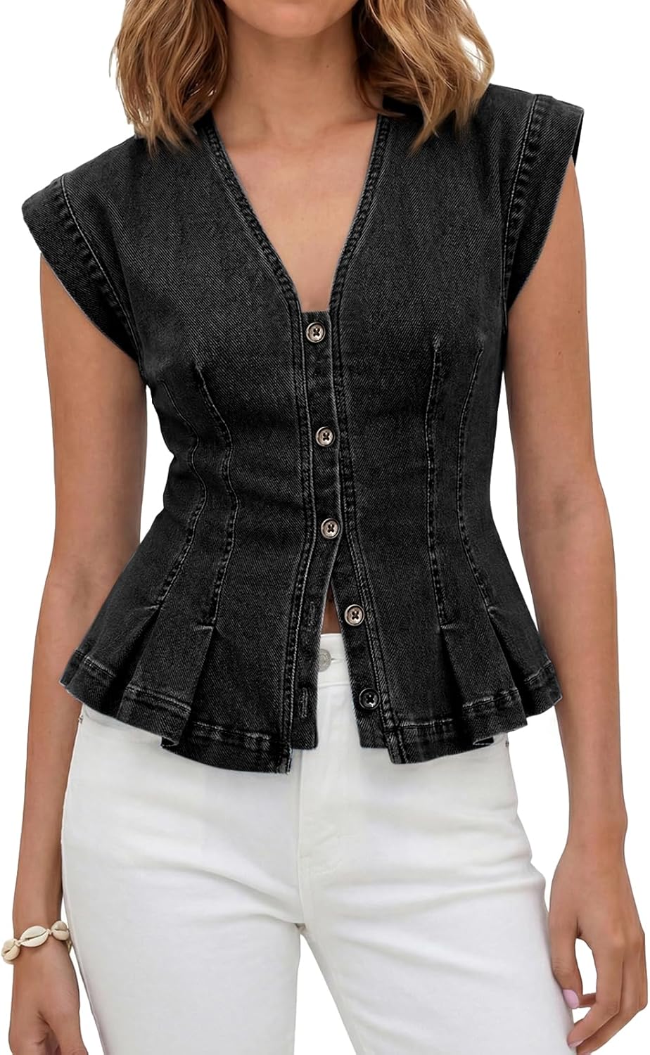 Tankaneo Womens V Neck Denim Vests Tops Trendy Summer Casual Button Down Y2k Fitted Pleated Sleeveless Jean Tops