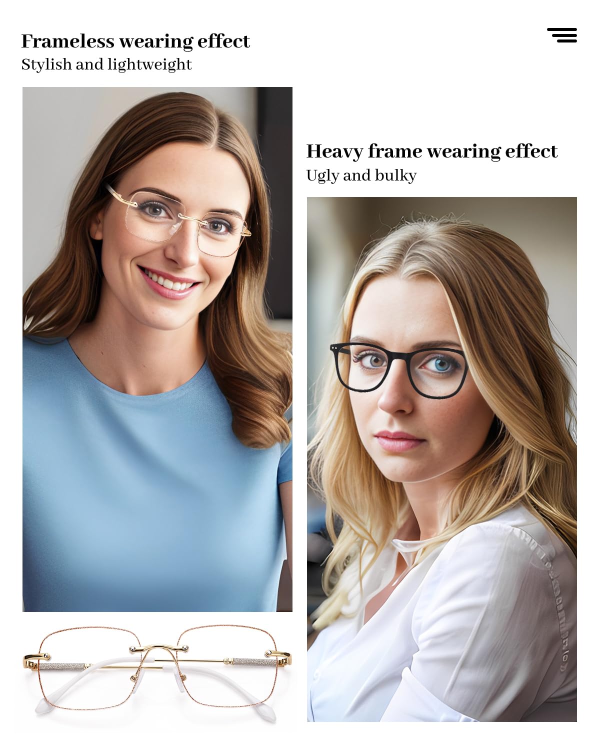 LUFF Rimless Reading Glasses for Women Blue Light Blocking,Fashion Metal Computer Readers,Lightweight and comfort - Image 3