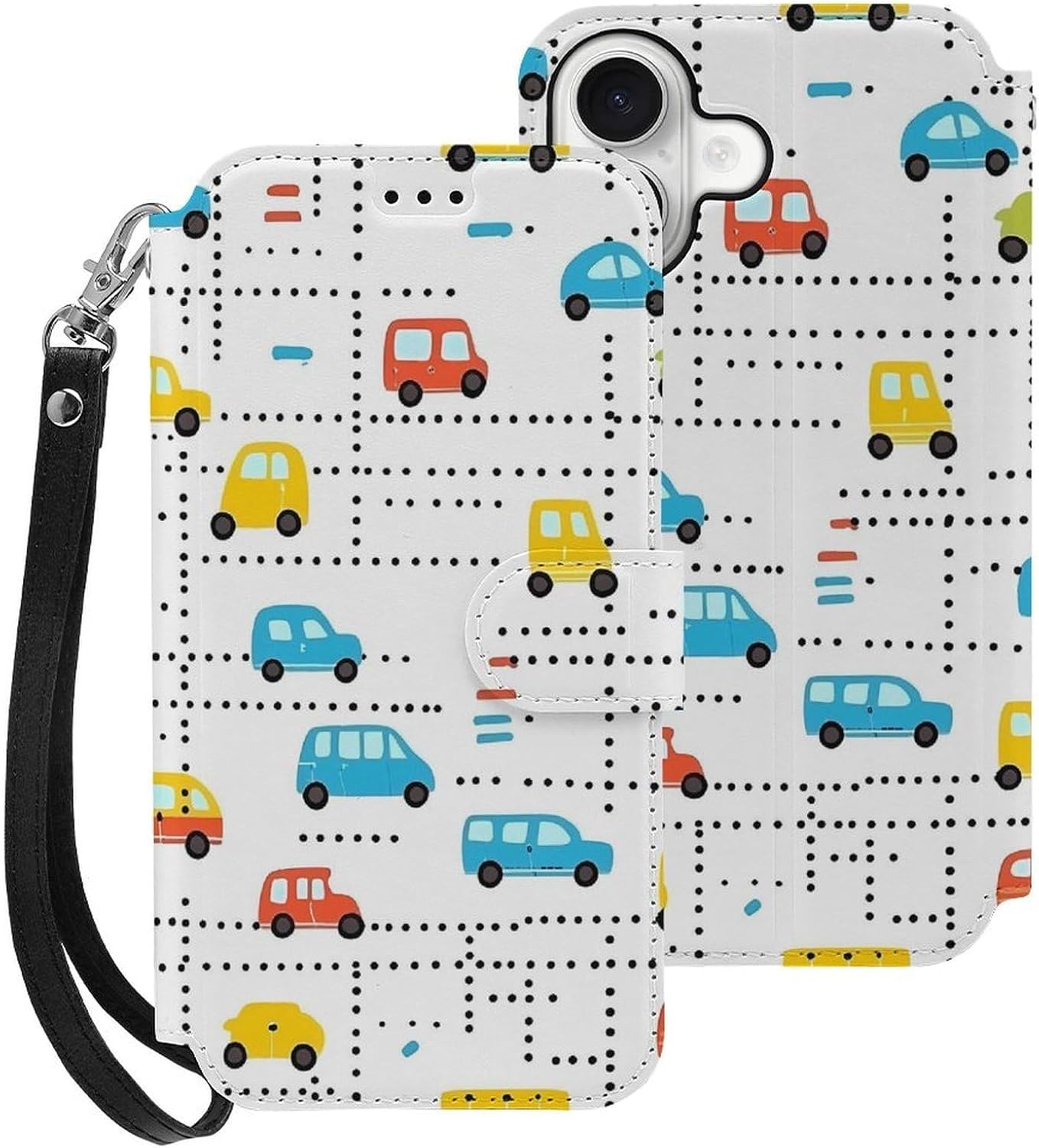 Colorful Vehicle Bus Vehicle Compatible with iPhone 16/16 Plus/16 Pro/16 Pro Max/16 E Case Phone Wallet Card Holder Flip Cover with Wrist Strap