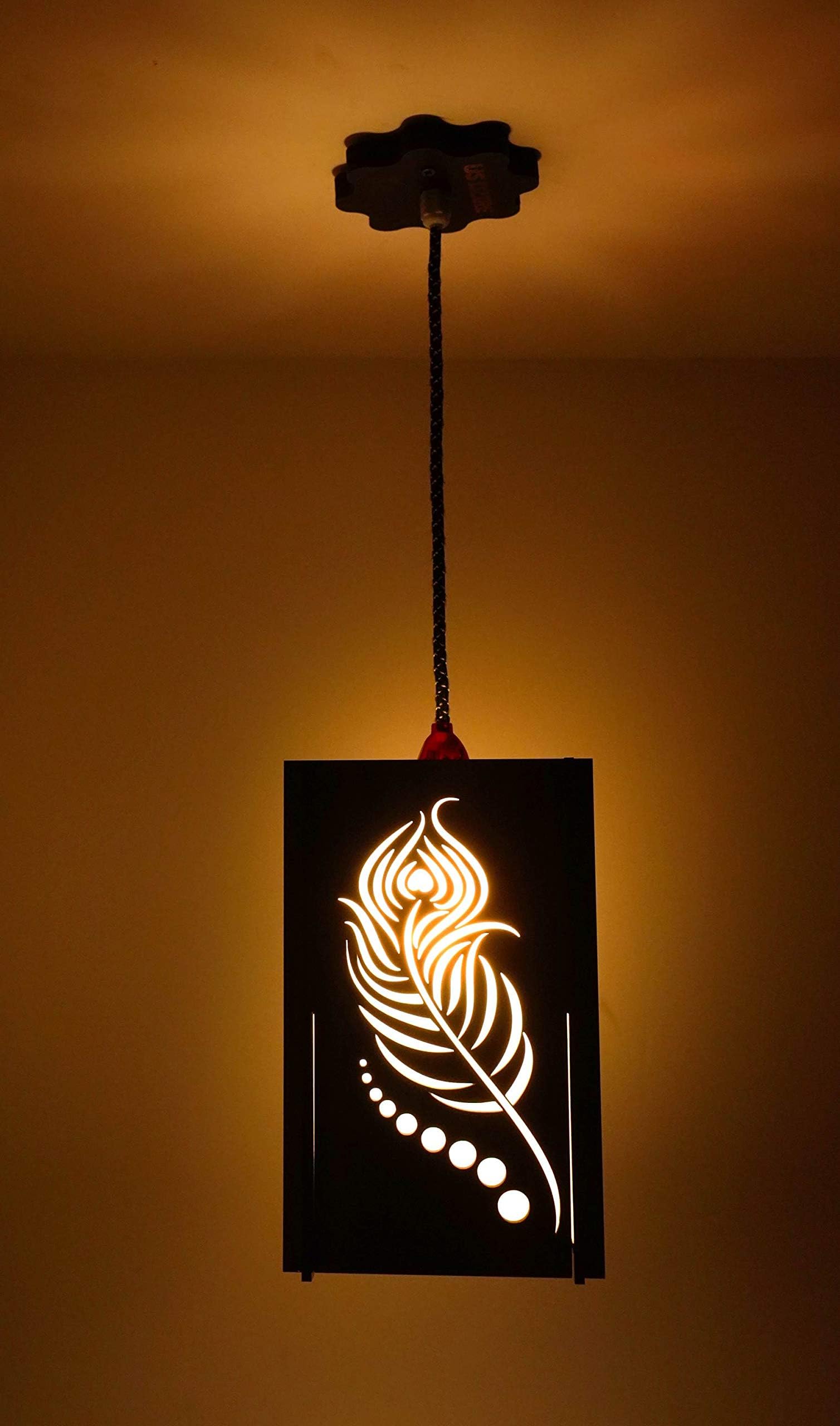 434 Peacock Feathers Electric Antique Rectangular Wooden Ceiling Pendant Hanging Night Bulb Lamp (Golden)