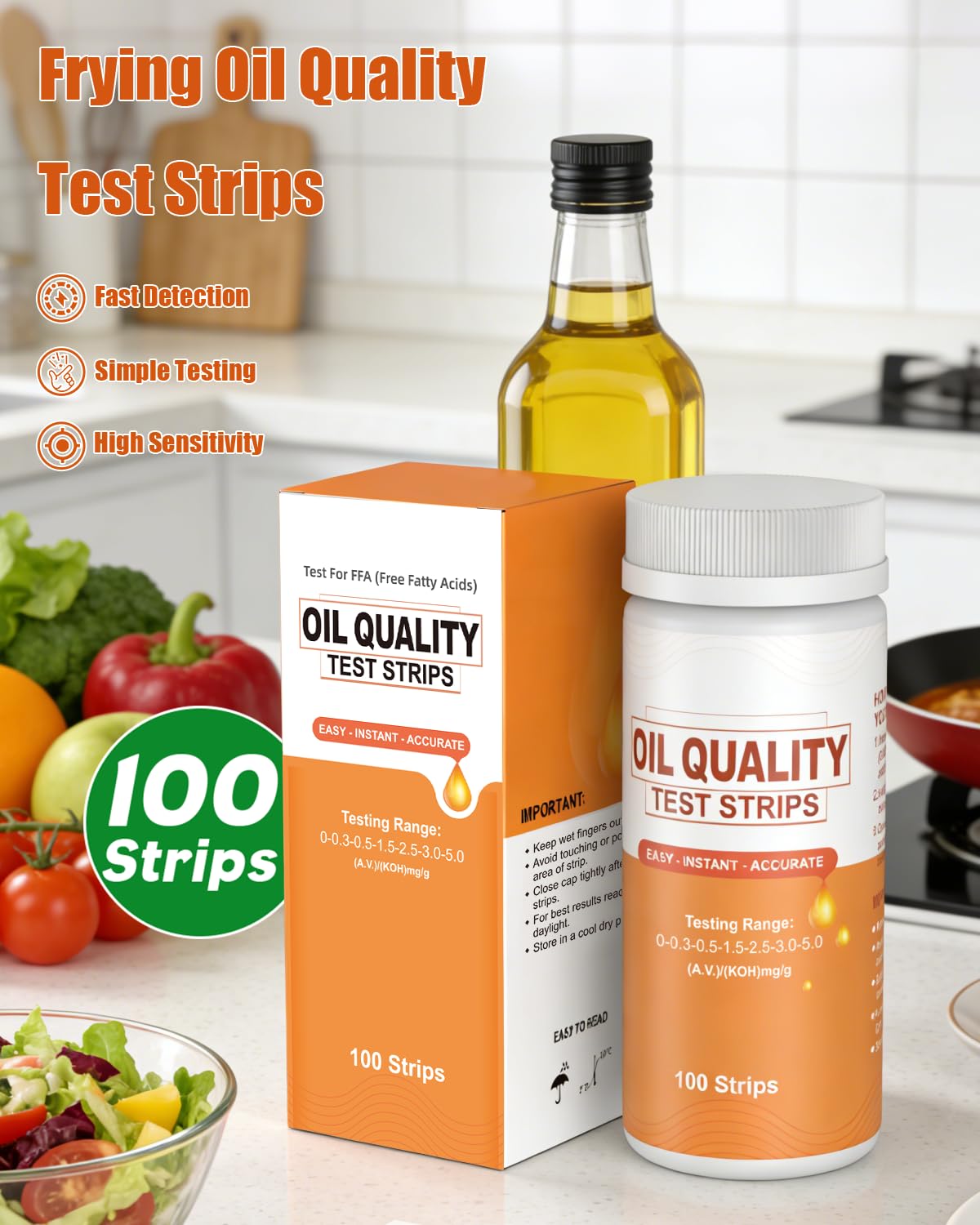 Pawfly Bandelettes Test Qualité Huile Friture, 100 Bandes, Kit Test Huile Cuisson – Test Acidité Instantané (0-5.0), Kit Analyse Huile pour Cuisine Maison, Restaurants & Services Alimentaires