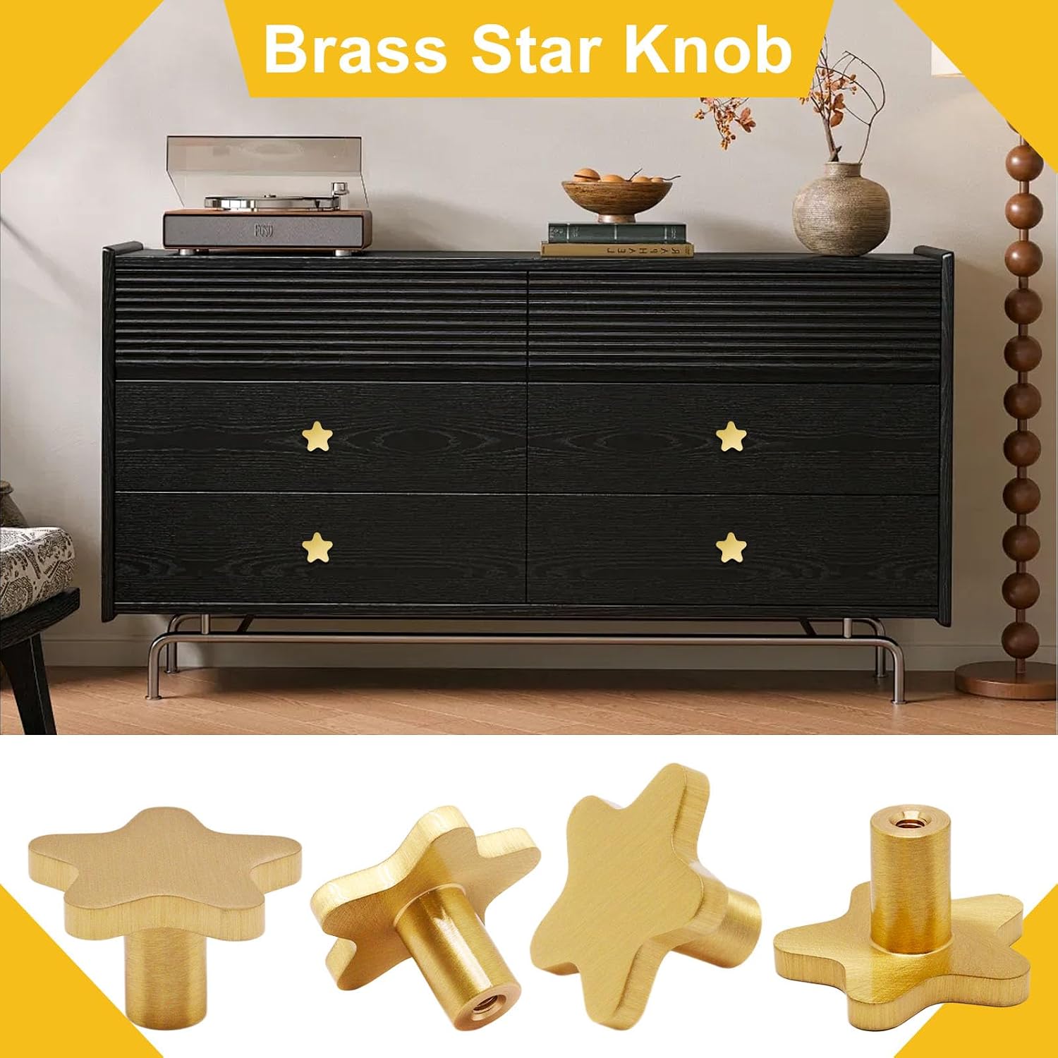 6 PCS Brass Star Cabinet Knobs, Antique Solid Brass Drawer Pulls, Brushed Gold Star Handle with 12 Screws for Kitchen Bathroom Cupboard Dresser Chest Furniture