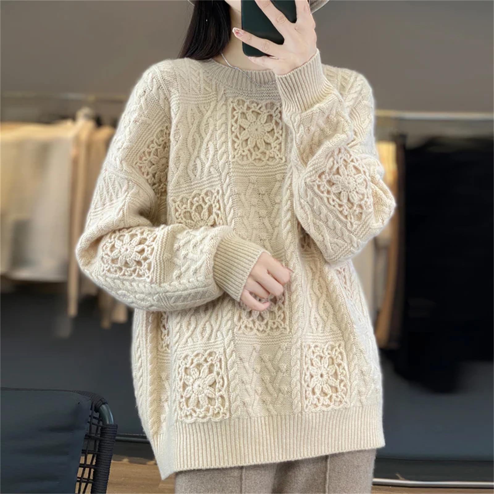 Damen Rundhals Wollpullover Strickpullover Lose Wolle Bottoming Shirt