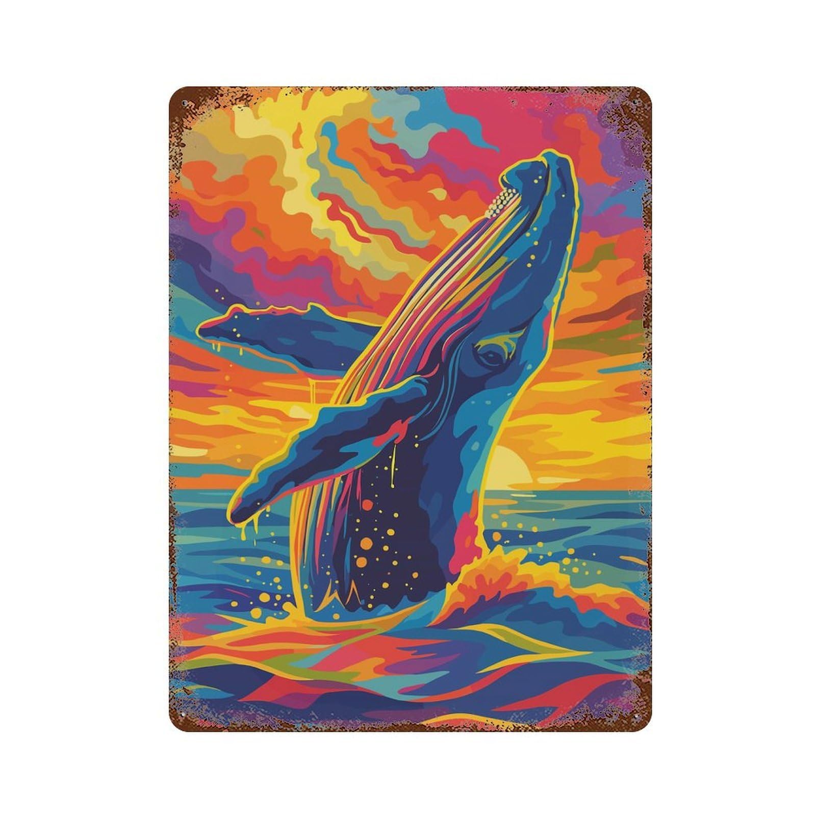 Rust Effect Colorful Whale Breaching at Sunset Rusty Metal Tin Sign 15.7"x11.8", Old School Wall Decor for Pub, Kitchen And Man Cave Decor