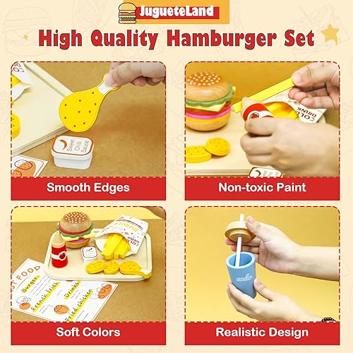 Miniatura 4 de Juego de madera para jugar comida rápida, accesorios de cocina, hamburguesa y papas fritas, juego de restaurante, juguetes de juego de rol para