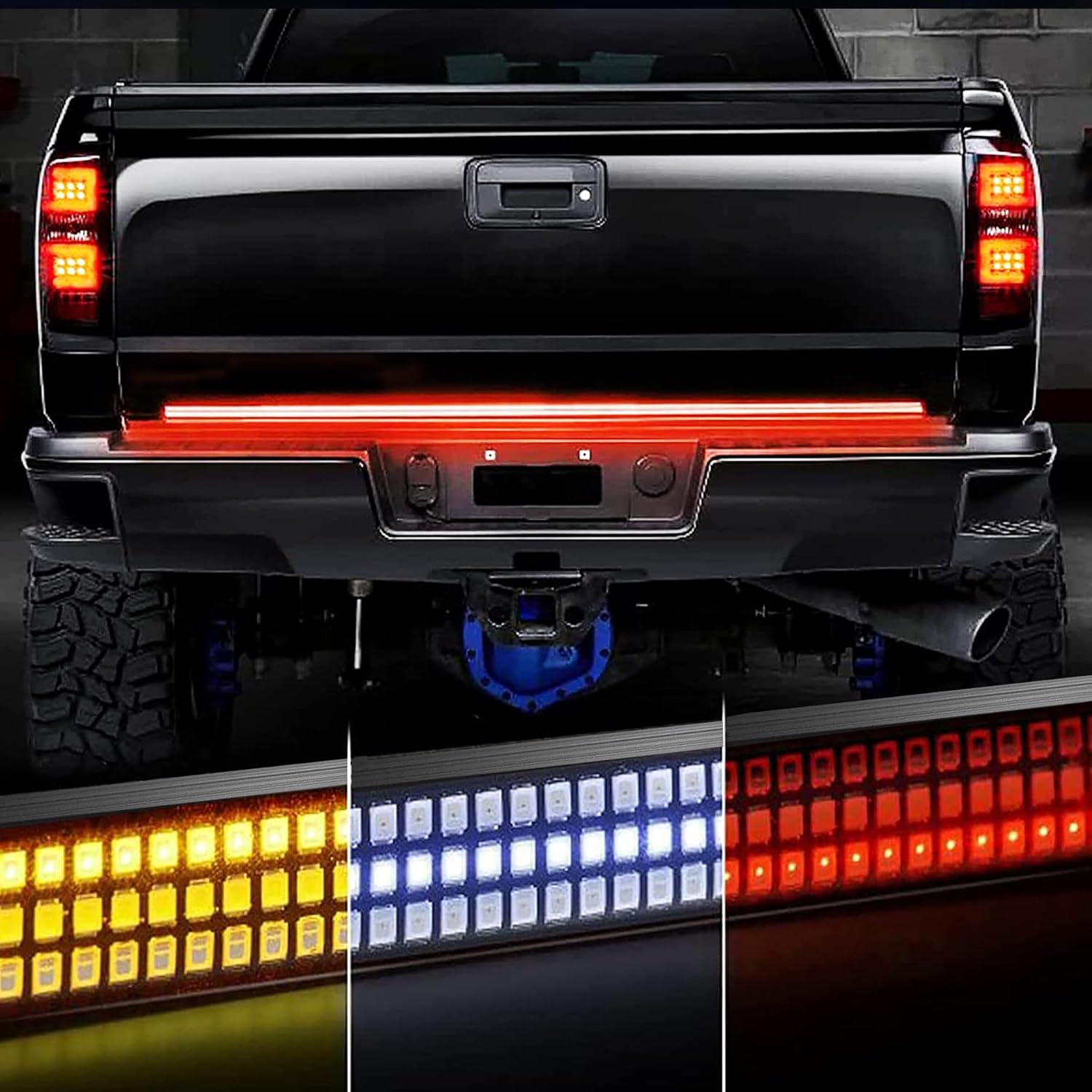 60 Inch Tailgate Light Bar, Aluminum Frame Triple Row LED Tailgate Light Strip for Truck, Pickup,Trailer with Full Function Red Brake White Reverse Amber Turn Signal Double Flash Light 60" Rigid Triple Row - Amber Turn