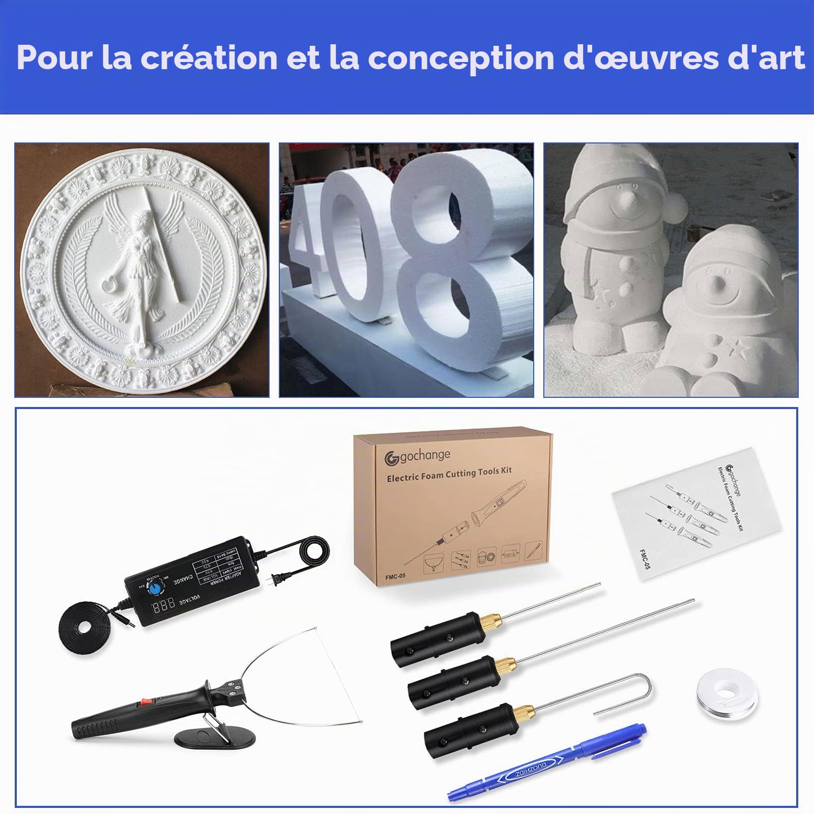 Coupe-polystyrène 4 en 1 avec régulateur de tension numérique, coupe mousse électrique GOCHANGE, stylo de découpe de polystyrène 100-240 V / 9-27 W avec adaptateur de tension réglable