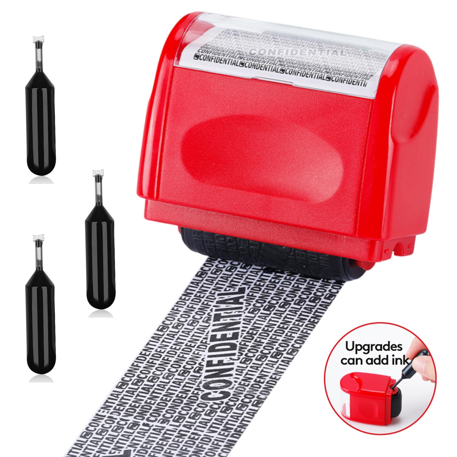 V3ohub Red - Address Blocker Stamp – Identity Theft Protection For Data Privacy – Wide Confidential Data Defender Roller Stamp – Includes 3 Refill Packs – Easy To Use For Parcels, Documents & Mail (Red)