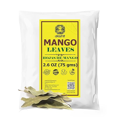 Akshit Hojas de mango de 2.6 onzas, hojas de mango secas, hojas de mango natural, sin OMG, sin cafeína, hojas naturales.