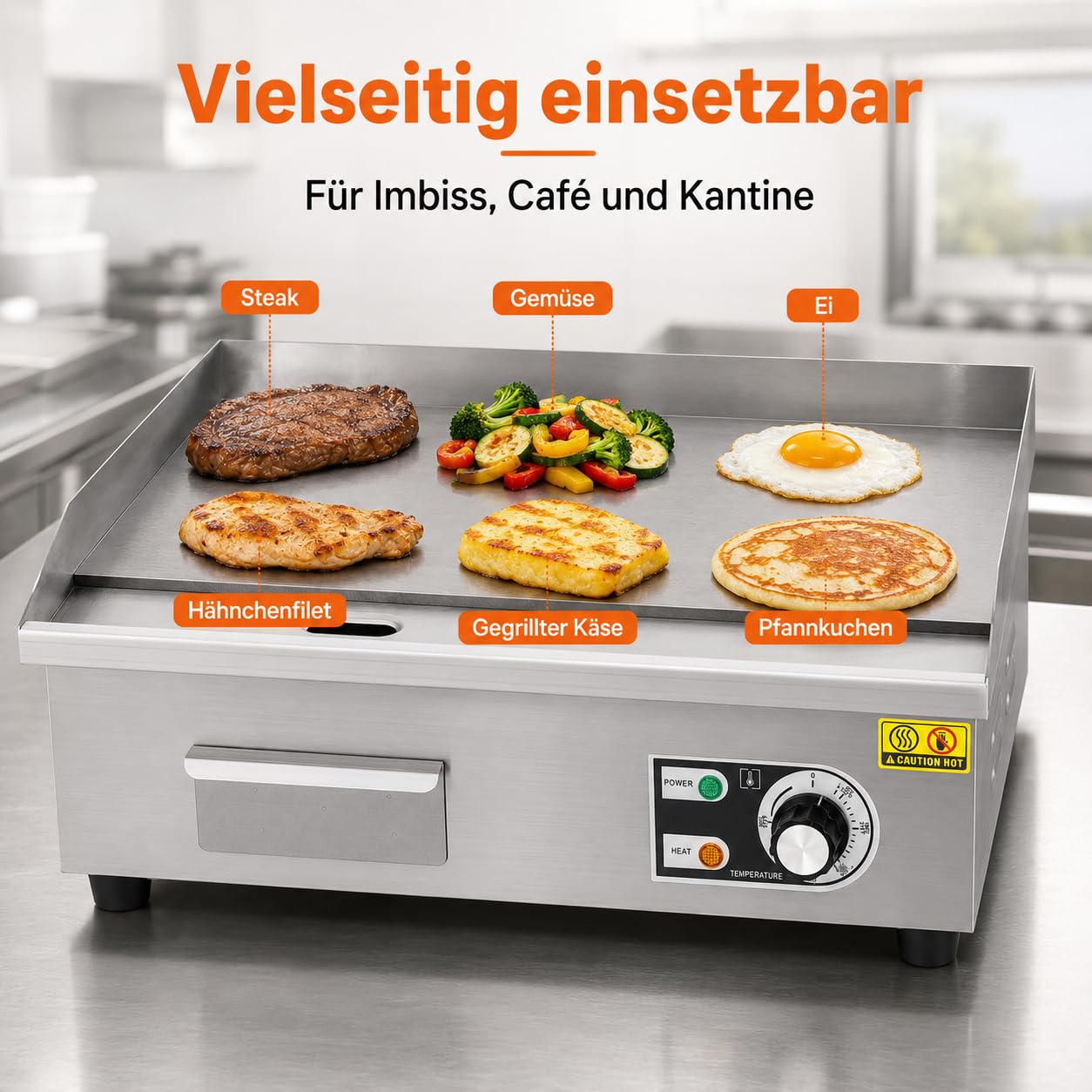 Komercyjny grill elektryczny, 3000 W, 55 x 30 cm, półpłaski grill blatowy, stal nierdzewna, grill restauracyjny z mięsa, steków, naleśników, precyzyjna regulacja temperatury 50-300°C