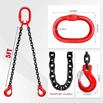 2 Ton Chain Sling 1/4 Inch x 5 Ft Lifting Chains 2 Legs Industrial Grab Hooks 4400LBS Capacity Lifting Slings G80 Alloy Steel Engine Chain Hoist Lifts for Cargo Security Towing and Handling