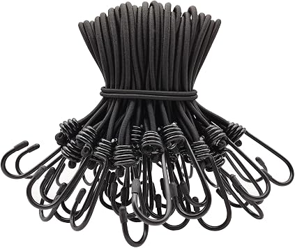 Short Bungee Cords with Hooks 20cm - 50 PCS Bungees Cord with Hook, Heavy Duty Bundy Cord with Hooks, Tarpaulin Hooks for Camping, Tents, Fixings Black