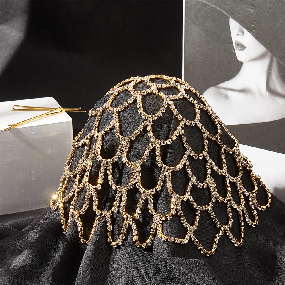 GORGECRAFT Catena per La Testa con Strass Copricapo Dorato In Cristallo Boho Copricapo Flapper con Strass Cappello con 2 clip Berretto In Rete per La Fronte Capelli Da Donna Feste di Nozze Cosplay