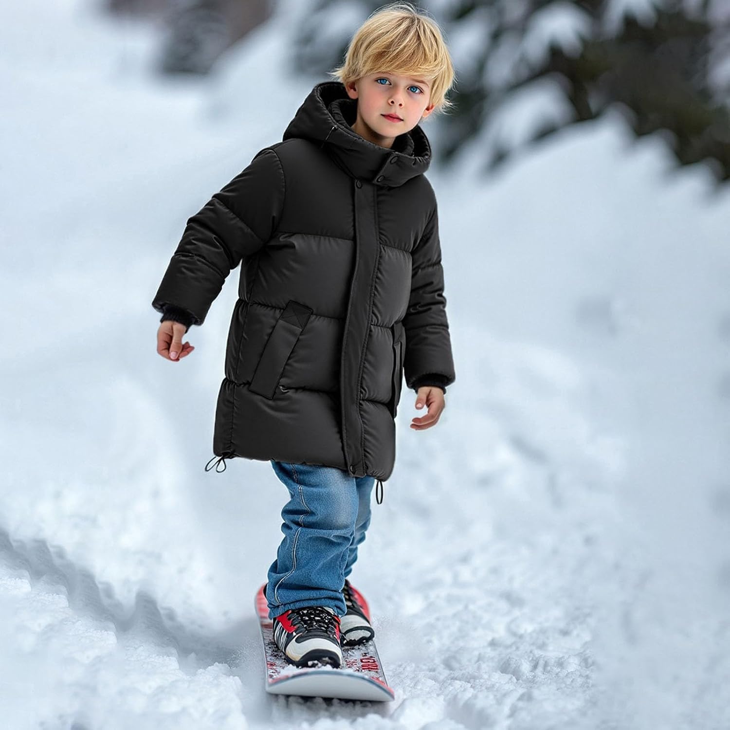 Long Hooded Puffer Padded Jacket for Girls Boys Zipper Button Thick Down Coat Youth Kids Warm Fall Winter Clothes