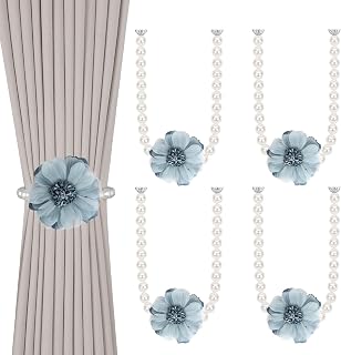 4 Pack of Pearl Magnetic Curtain Tiebacks with Handmade Flower, Blue