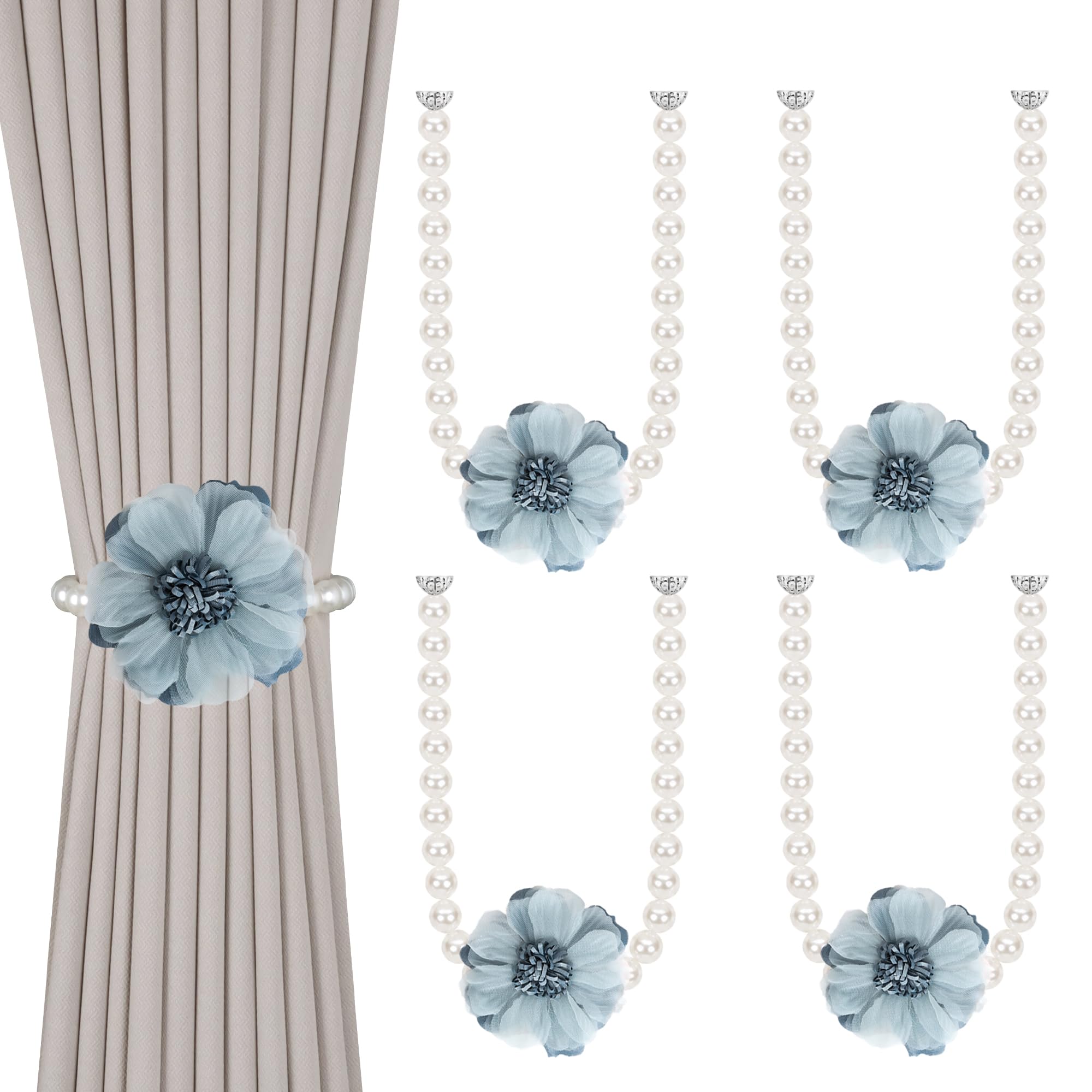 OCIOLI 4 Pack of Pearl Magnetic Curtain Tiebacks with Handmade Flower Decorative Curtain Holdbacks Curtain Ties Magnetic Tie Backs for Curtains (4, Blue)