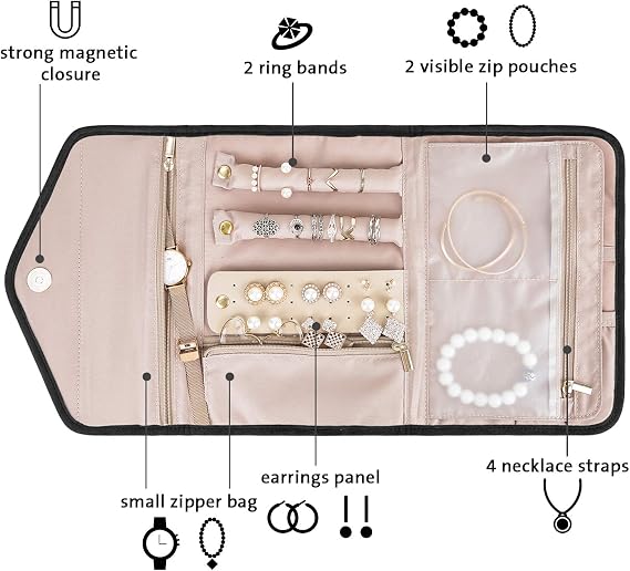 BAGSMART Travel Jewelry Organizer Roll Foldable Jewelry Case,Black | Travel Jewelry Case for Journey-Rings, Tangle-free Necklaces Holder Organizer, Bracelets, Earrings,Foldable