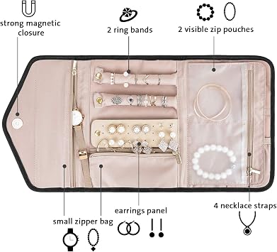 BAGSMART Travel Jewelry Organizer Roll Foldable Jewelry Case,Black | Travel Jewelry Case for Journey-Rings, Tangle-free Necklaces Holder Organizer, Bracelets, Earrings,Foldable