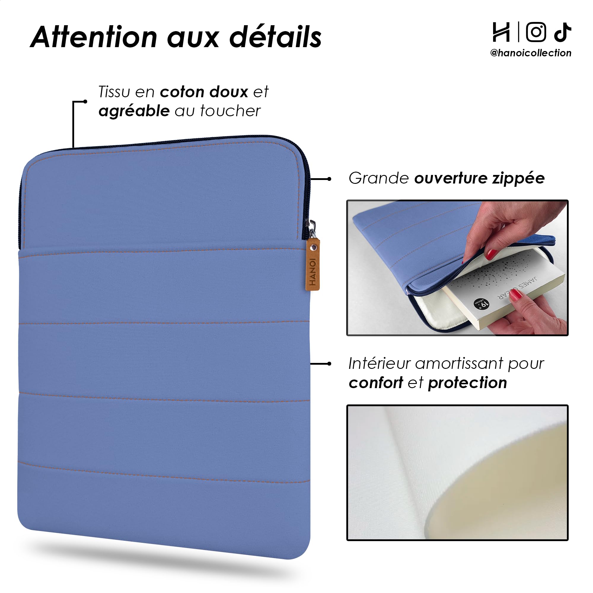 DETROIT™ HOUSSE POUR LIVRES DE LECTURE AVEC FERMETURE ÉCLAIR EN COTON REMBOURRÉE - BLEU MOYEN GRANDE