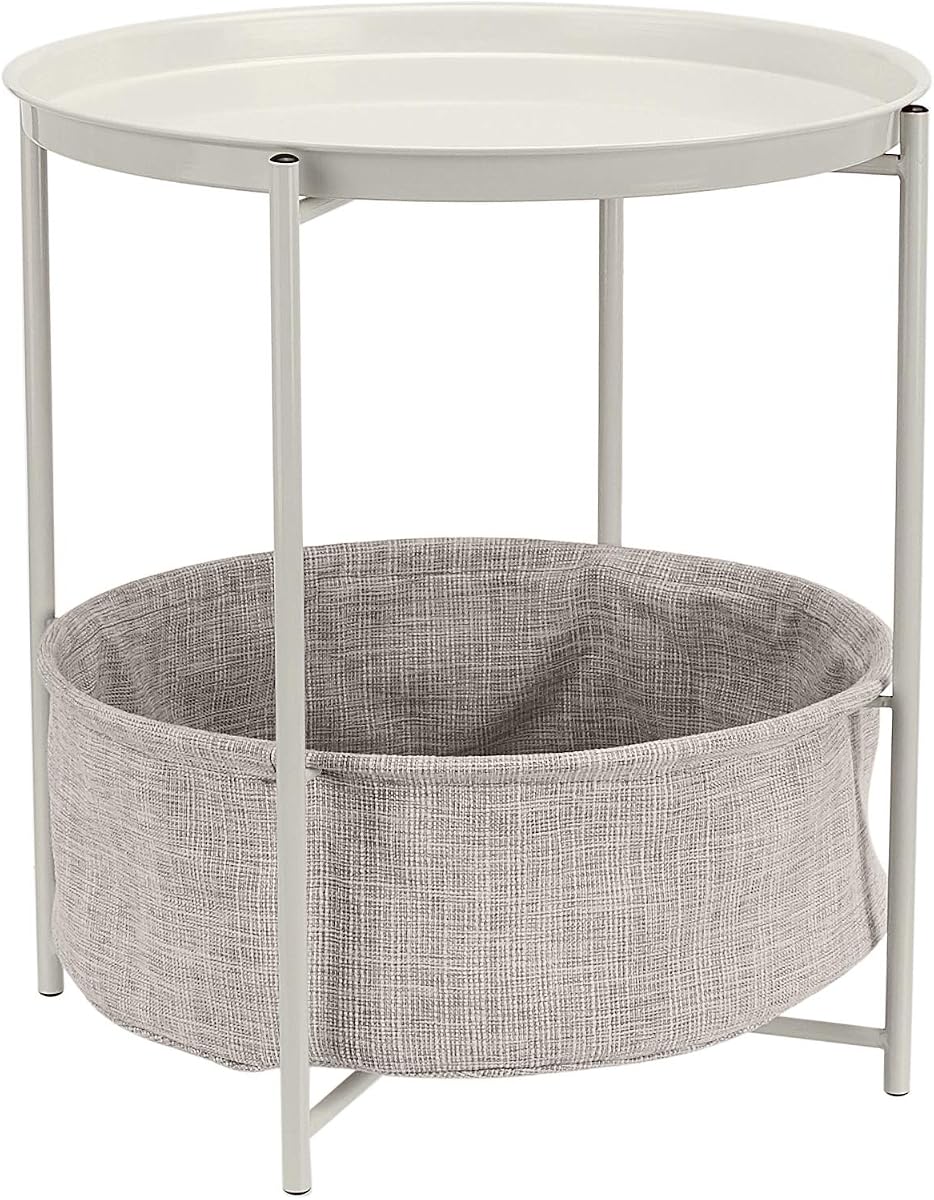 Round Storage End Table, Nightstand with Cloth Basket, Bedside Table, White/Heather Gray, 17.7" L x 17.7" W x 18.9" H