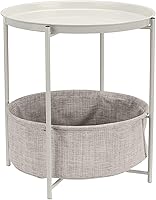 Amazon Basics Round Storage End Table with Cloth Basket - Bedside Nightstand, White/Heather Gray, 17.7x17.7x18.9"