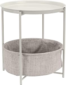 Amazon Basics Round Storage End Table, Nightstand with Cloth Basket, Bedside Table, White/Heather Gray, 45.0 x 45.0 x 48.0 cm